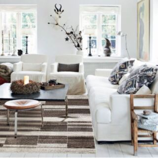 Photo ambiance salon scandinave tapis Casa beige taupe