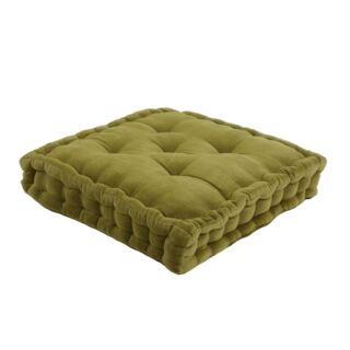 Pouf tapissier ARTHUR Velour de coton Vert mousse (40x40x8cm)